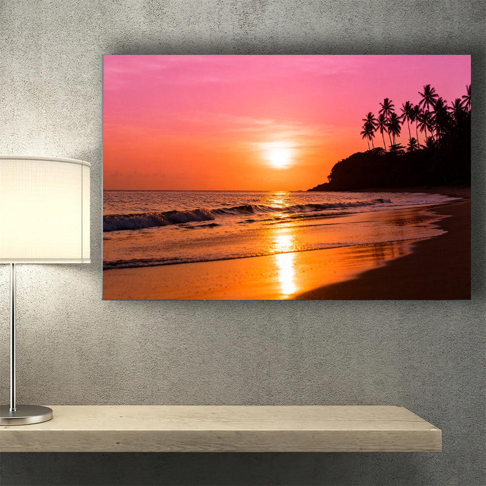 Coral Sunset Headland canvas wall art, wall mockup above a console.