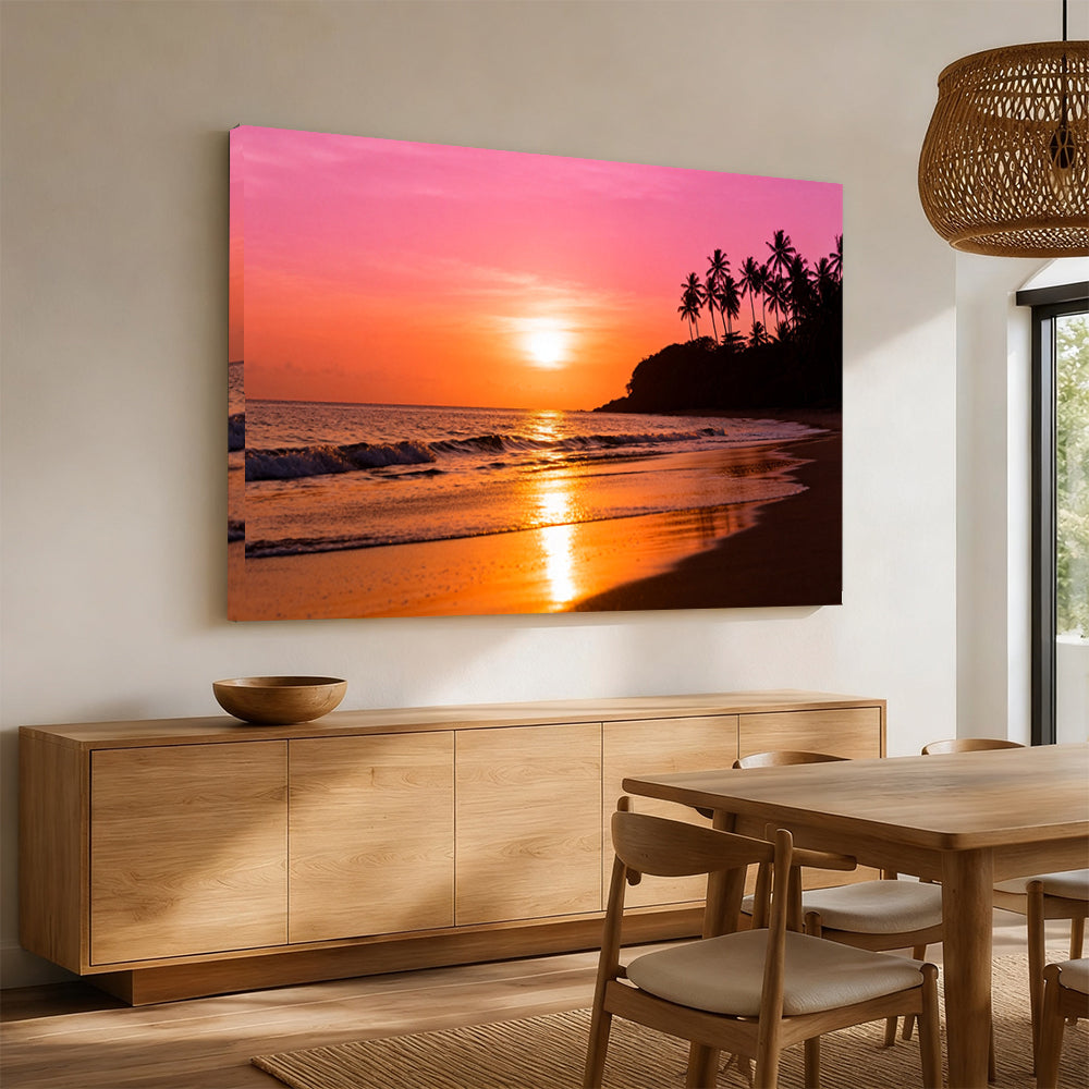 Coral Sunset Headland canvas wall art, angled mockup above a sideboard.