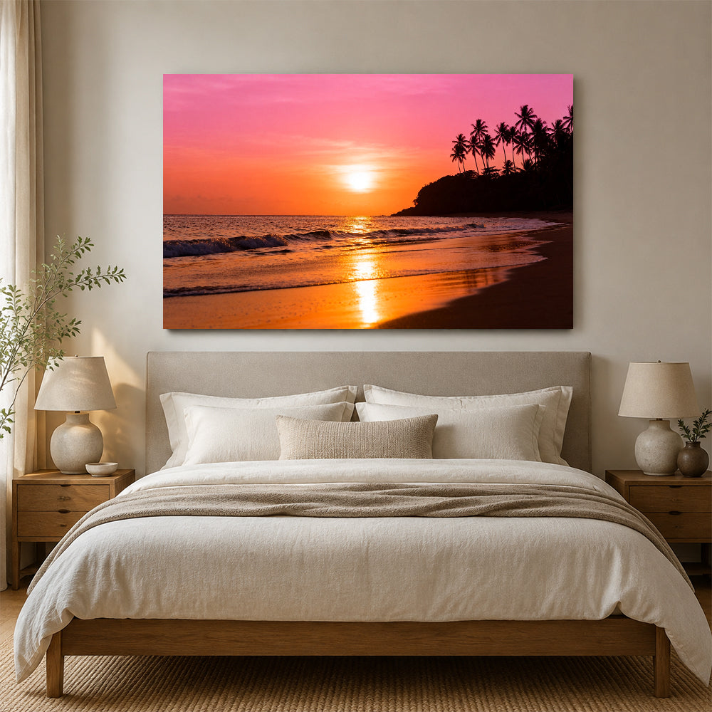Coral Sunset Headland canvas wall art, bedroom mockup above a bed.