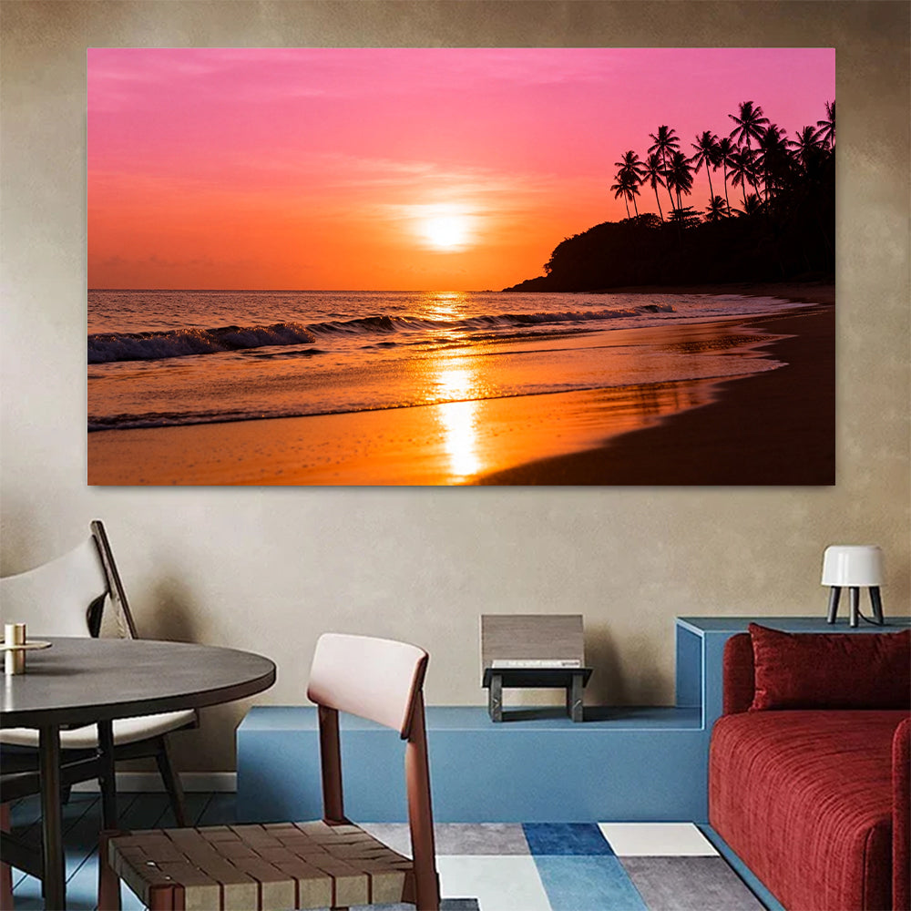 Coral Sunset Headland canvas wall art, colorful room mockup.