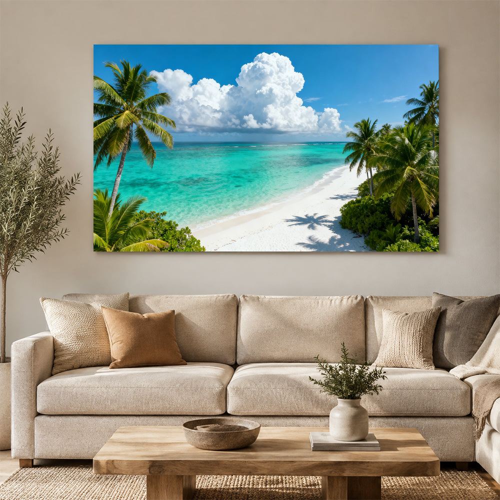 Tropical Cloud Lagoon canvas wall art, living room mockup above a sofa.