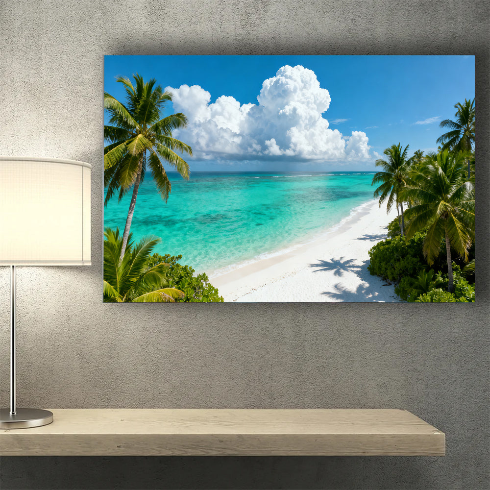 Tropical Cloud Lagoon canvas wall art, wall mockup above a console.