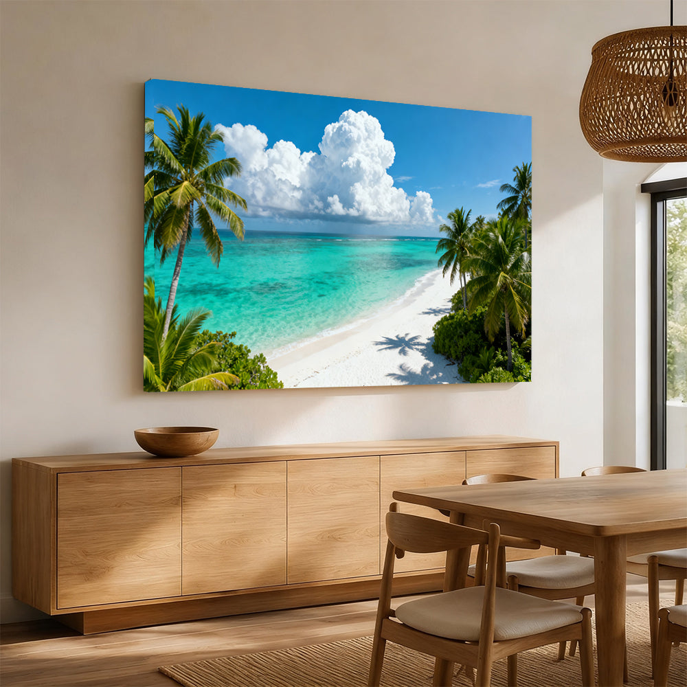 Tropical Cloud Lagoon canvas wall art, angled mockup above a sideboard.