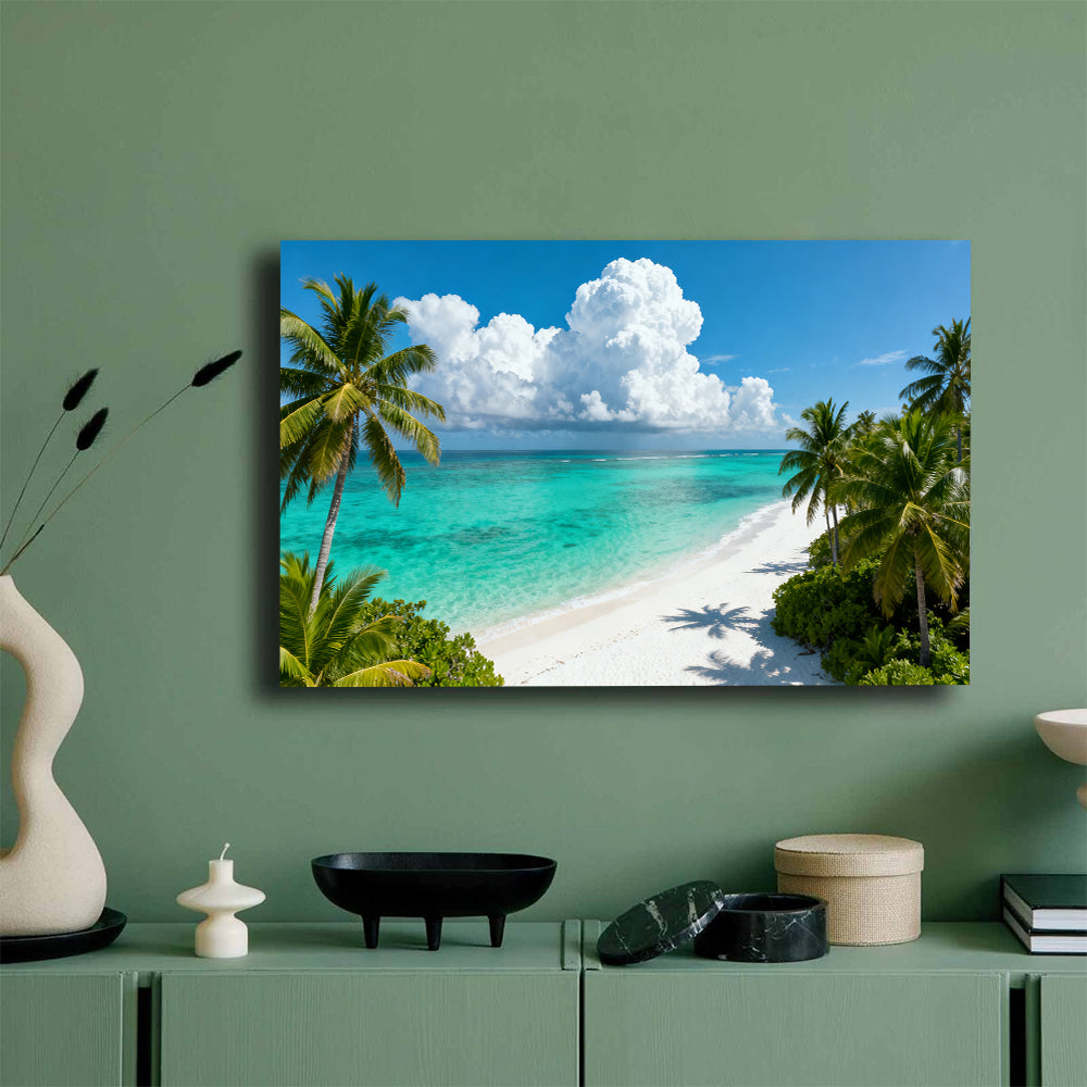 Tropical Cloud Lagoon canvas wall art, mockup on a green wall.