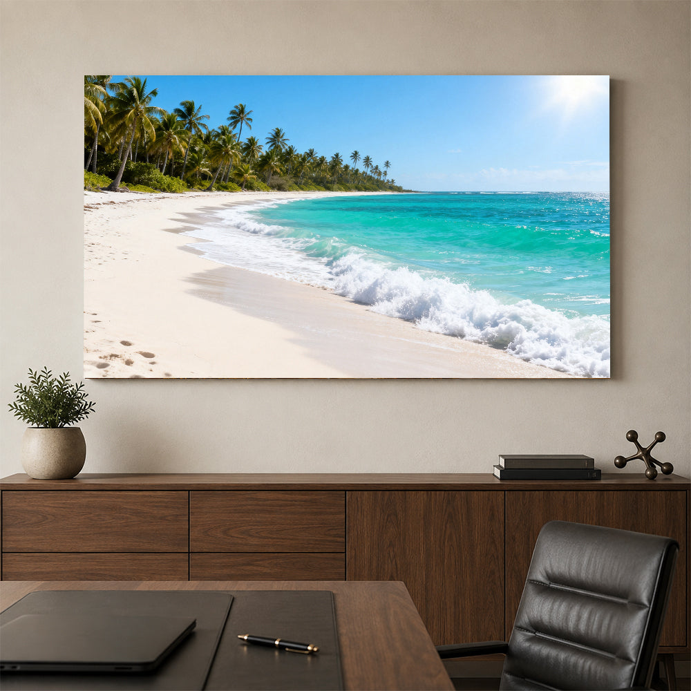 Palm Coast Breeze canvas wall art, office mockup above a desk.