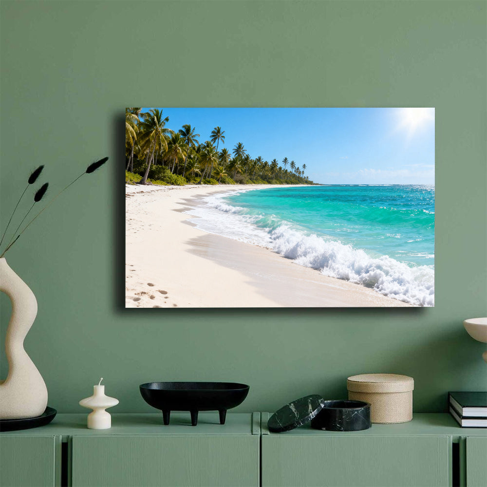 Palm Coast Breeze canvas wall art, mockup on a green wall.