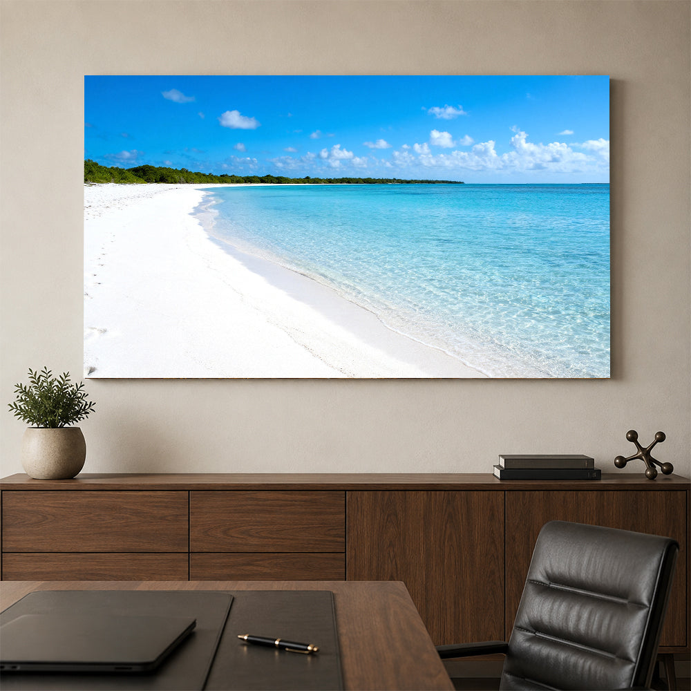 White Sand Stillness canvas wall art, office mockup above a desk.