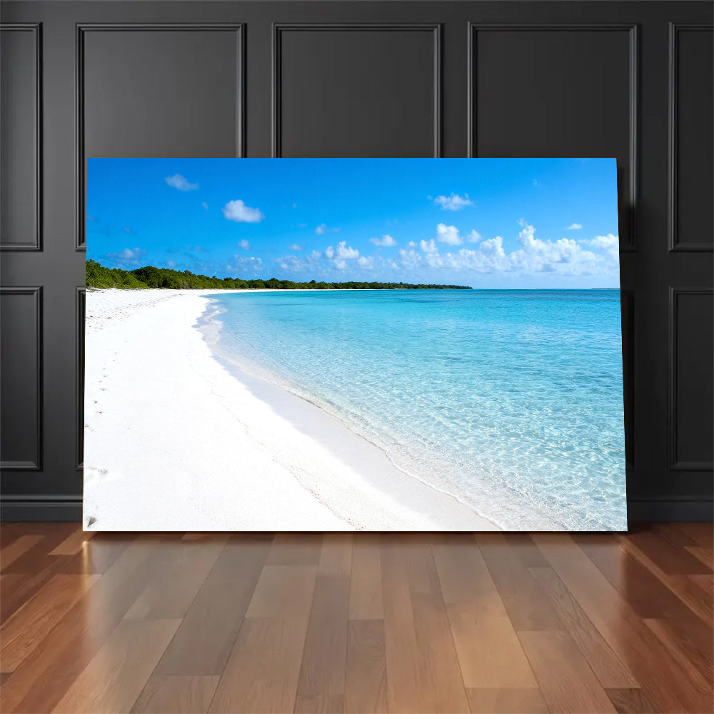 White Sand Stillness canvas wall art, floor display against a dark wall.