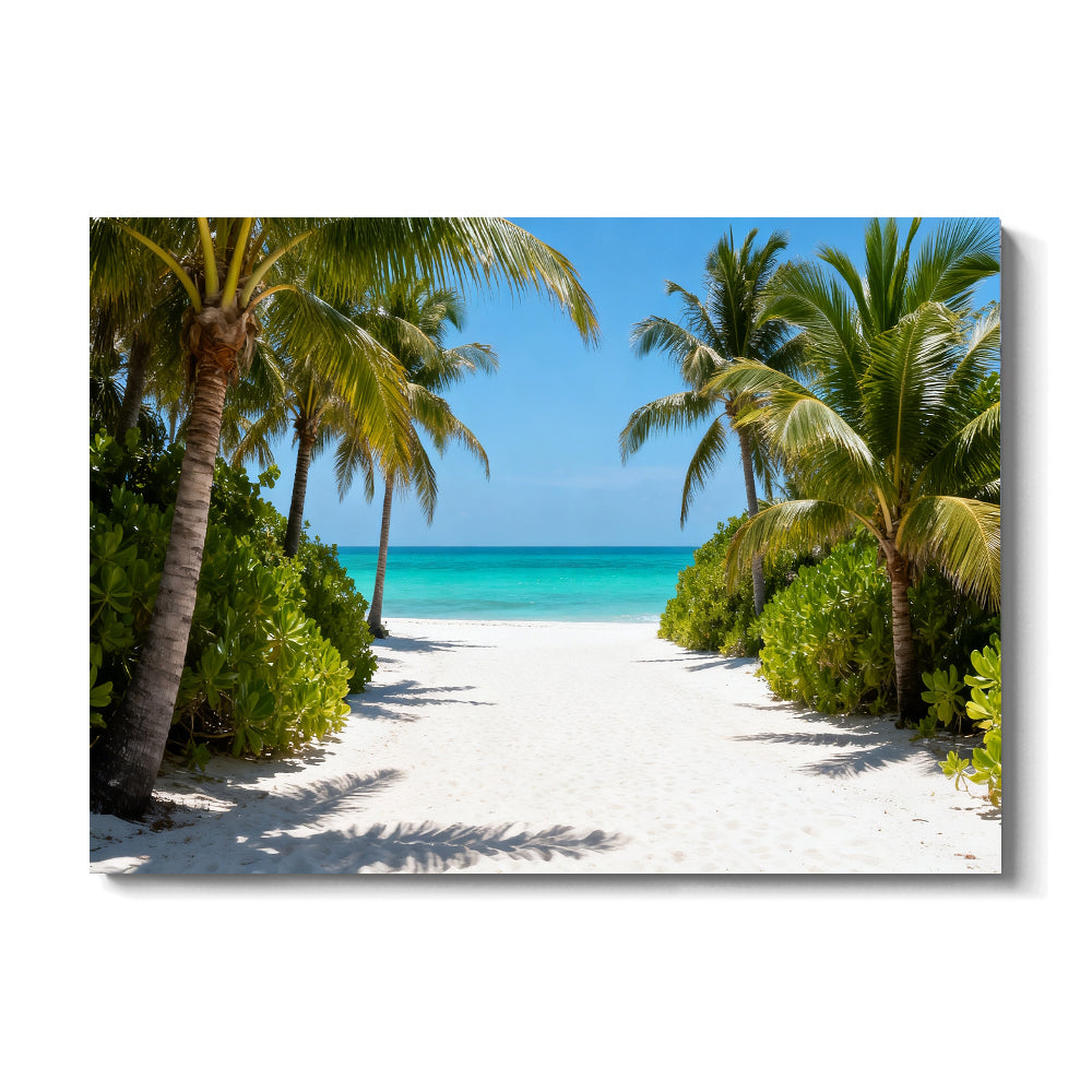 Palm Path to the Sea canvas wall art, front view on a white background.