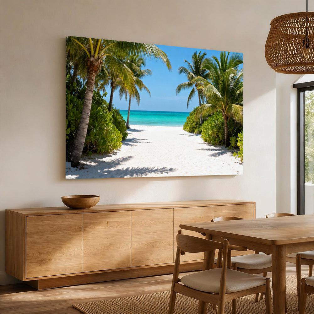 Palm Path to the Sea canvas wall art, angled mockup above a sideboard.