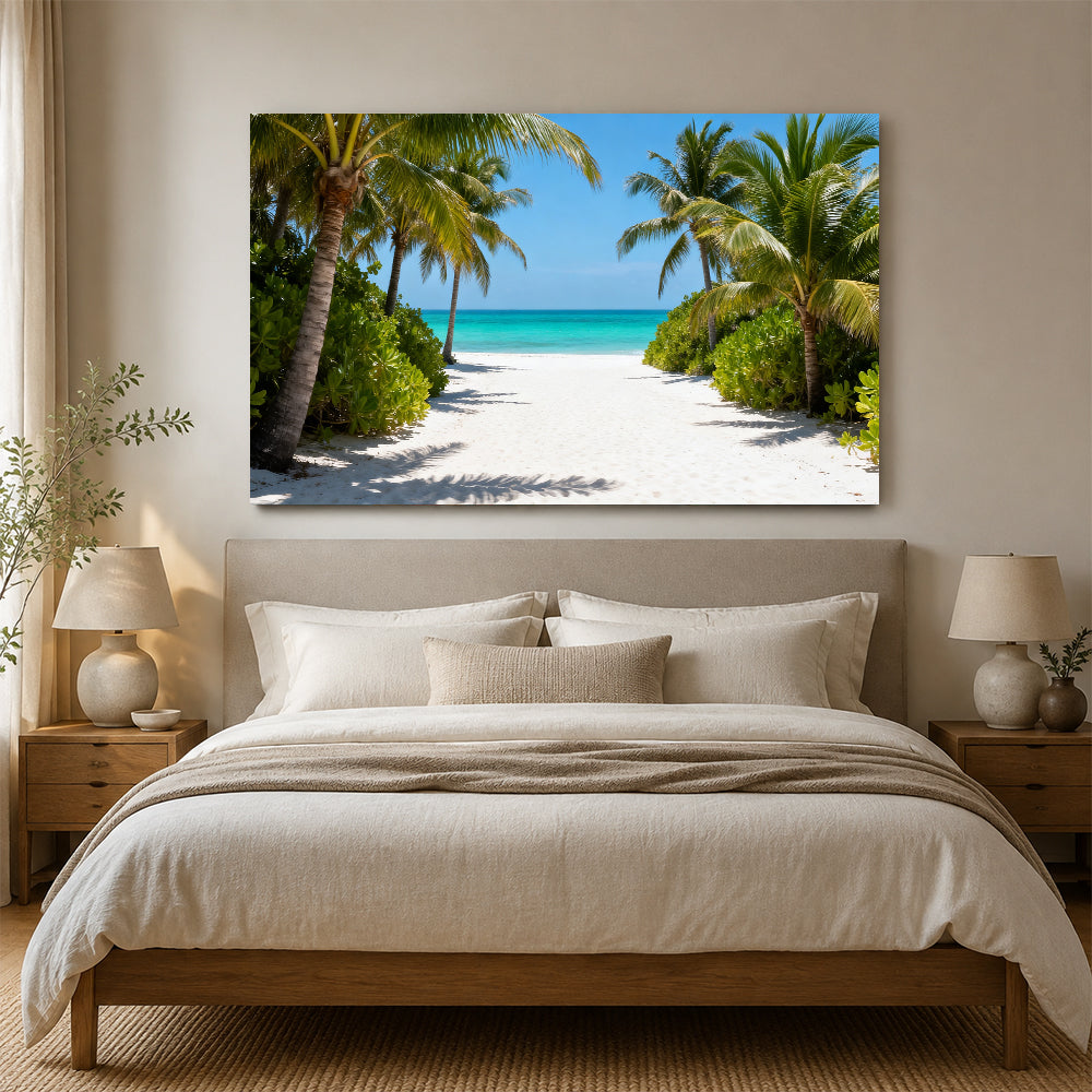 Palm Path to the Sea canvas wall art, bedroom mockup above a bed.