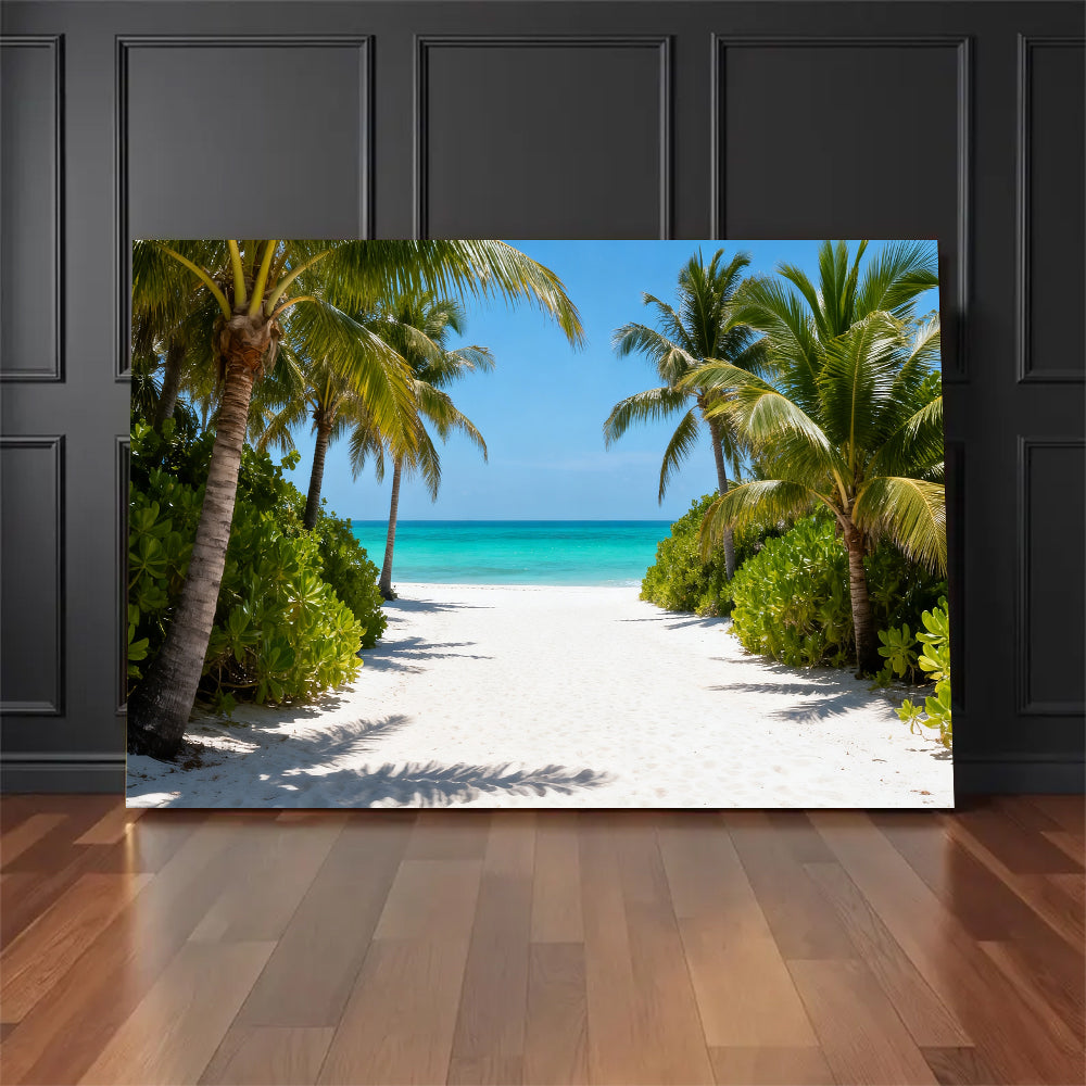 Palm Path to the Sea canvas wall art, floor display against a dark wall.