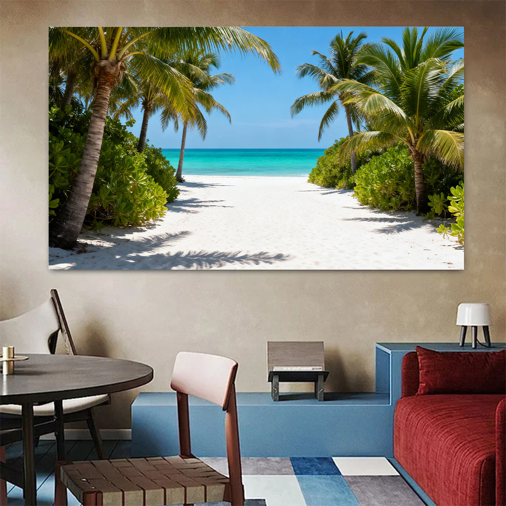 Palm Path to the Sea canvas wall art, colorful room mockup.