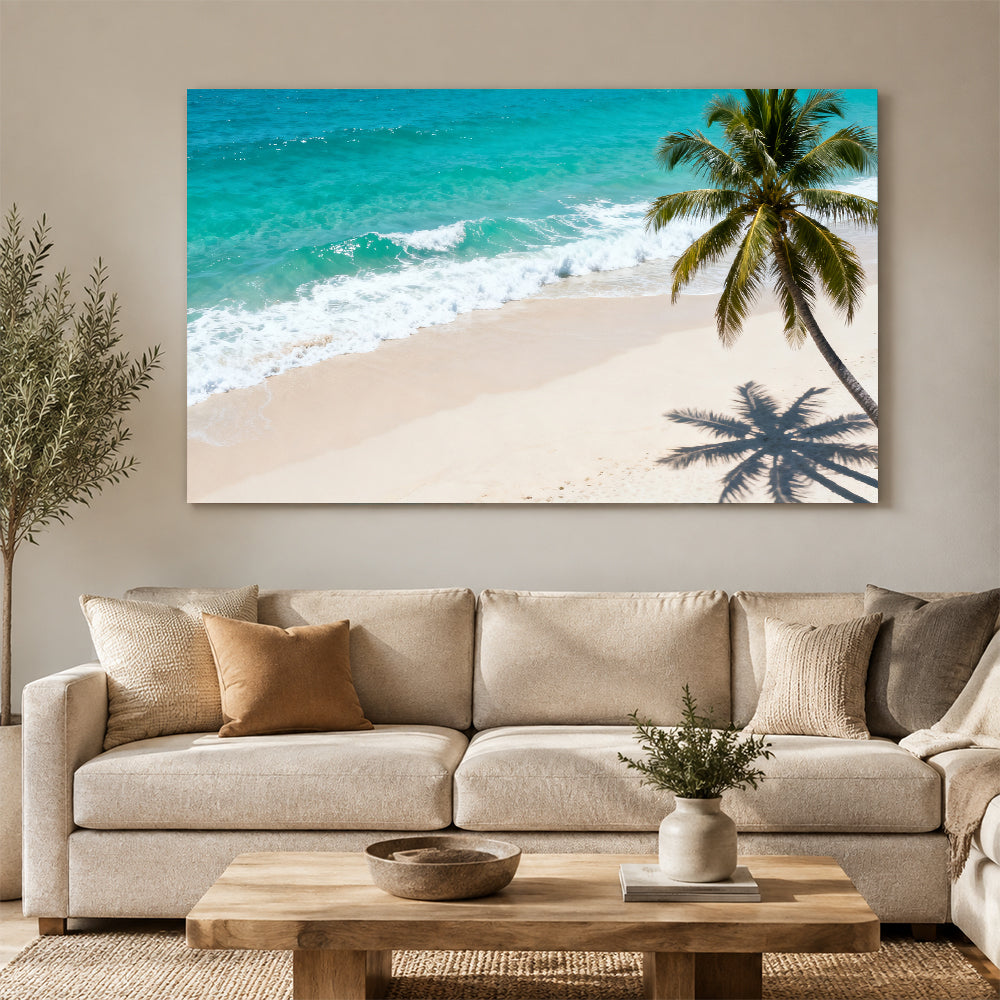 Lone Palm Shore canvas wall art, living room mockup above a sofa.