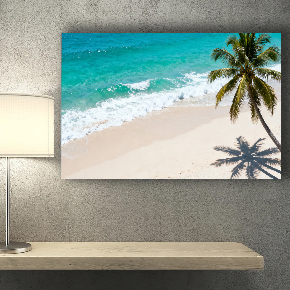 Lone Palm Shore canvas wall art, wall mockup above a console.