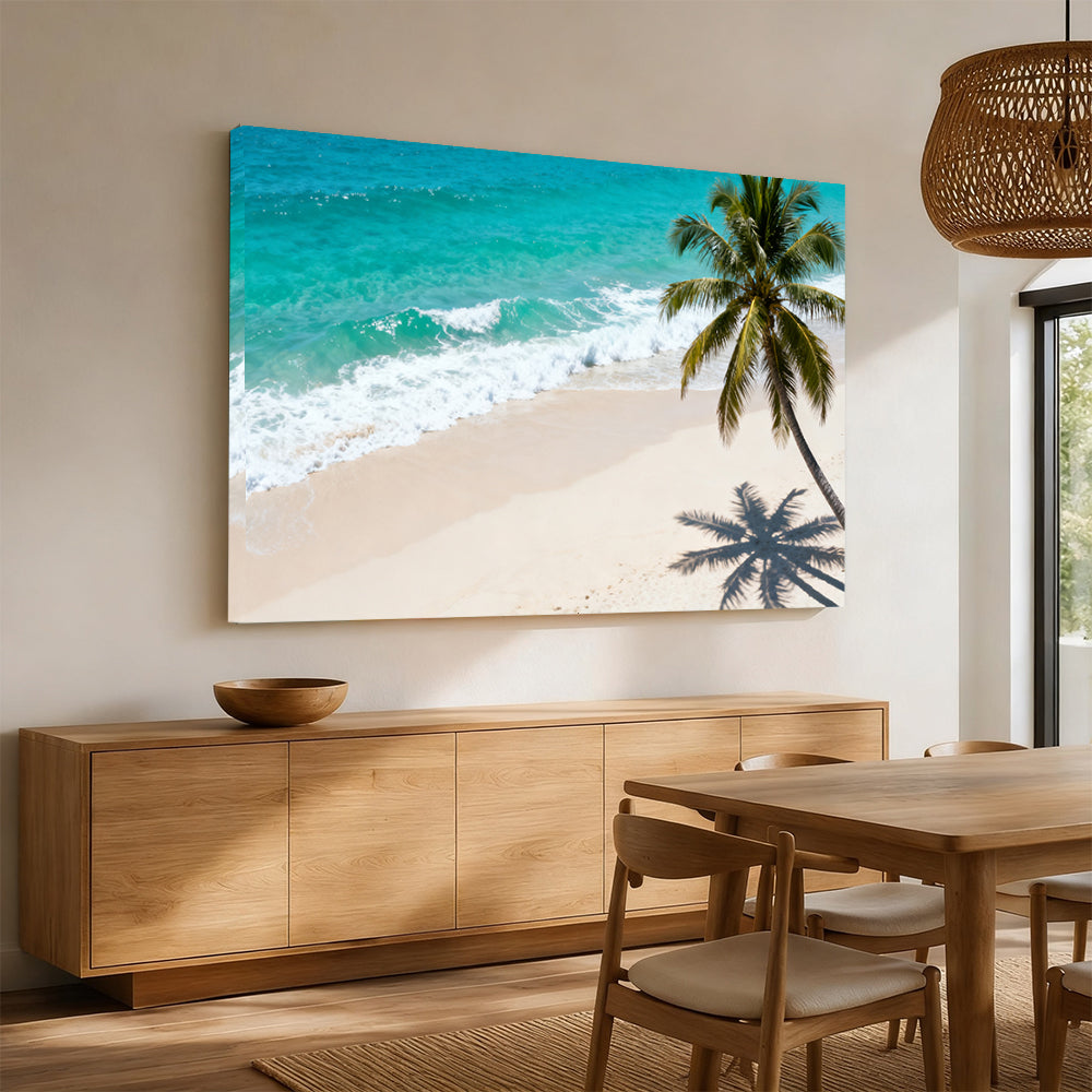 Lone Palm Shore canvas wall art, angled mockup above a sideboard.