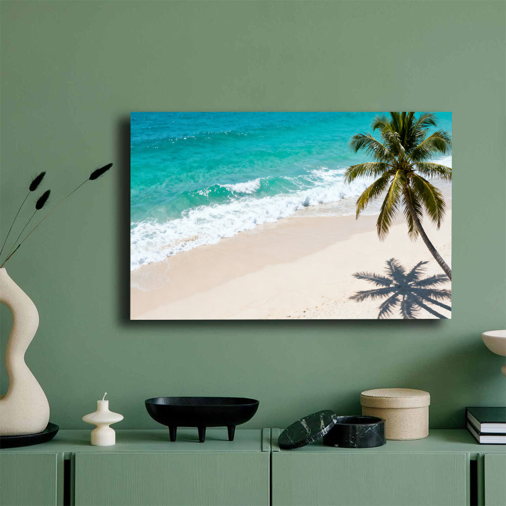Lone Palm Shore canvas wall art, mockup on a green wall.