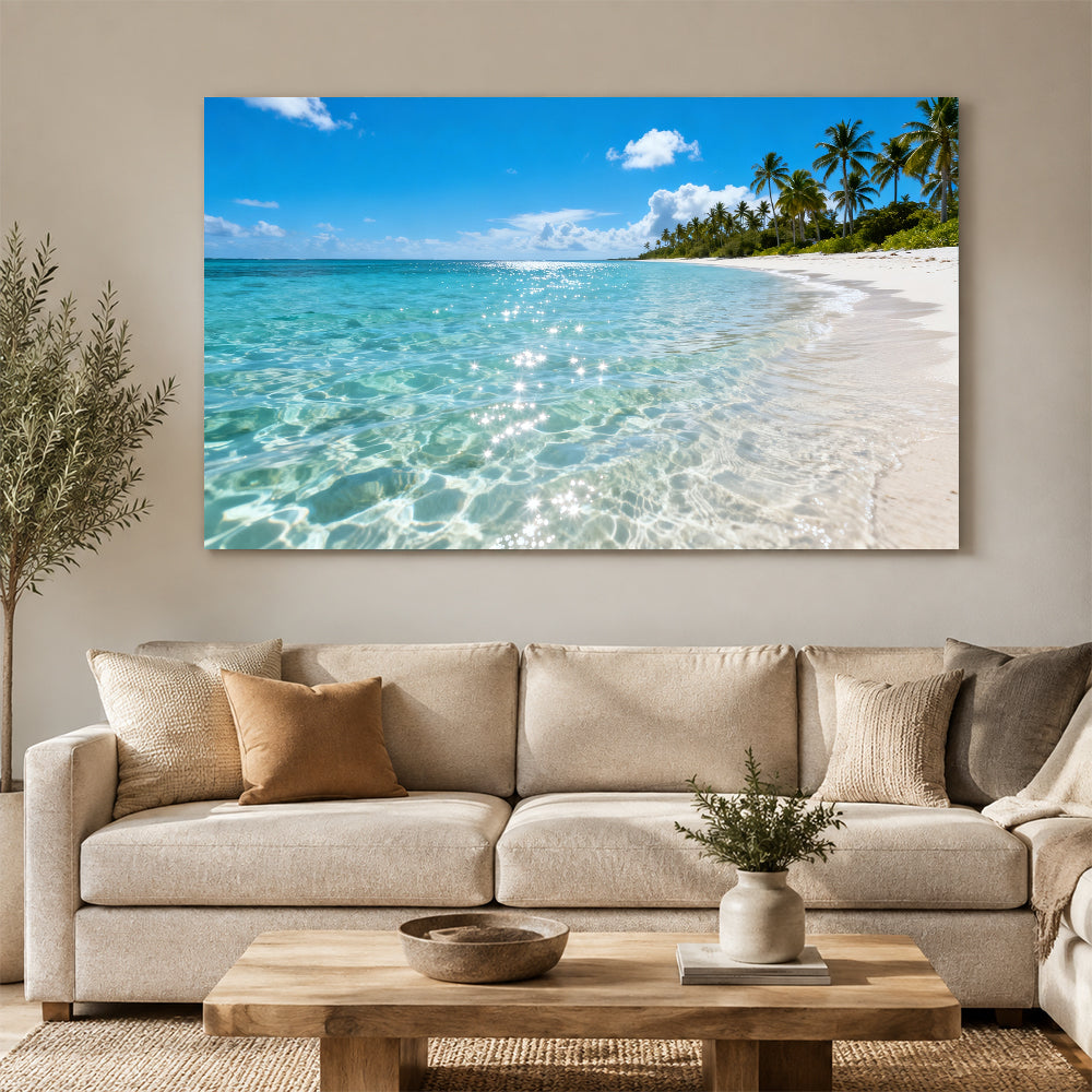 Crystal Water Coast canvas wall art, living room mockup above a sofa.