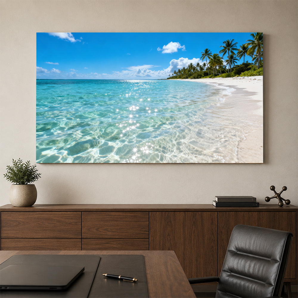 Crystal Water Coast canvas wall art, office mockup above a desk.