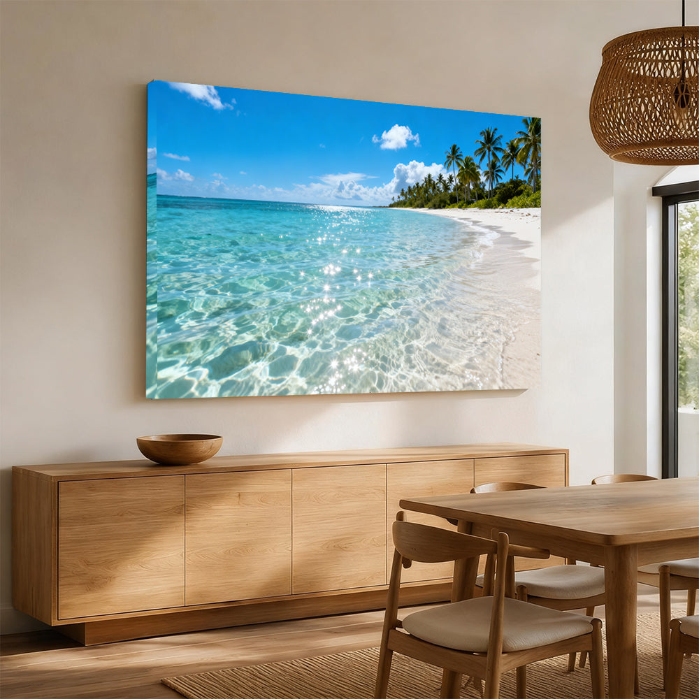 Crystal Water Coast canvas wall art, angled mockup above a sideboard.