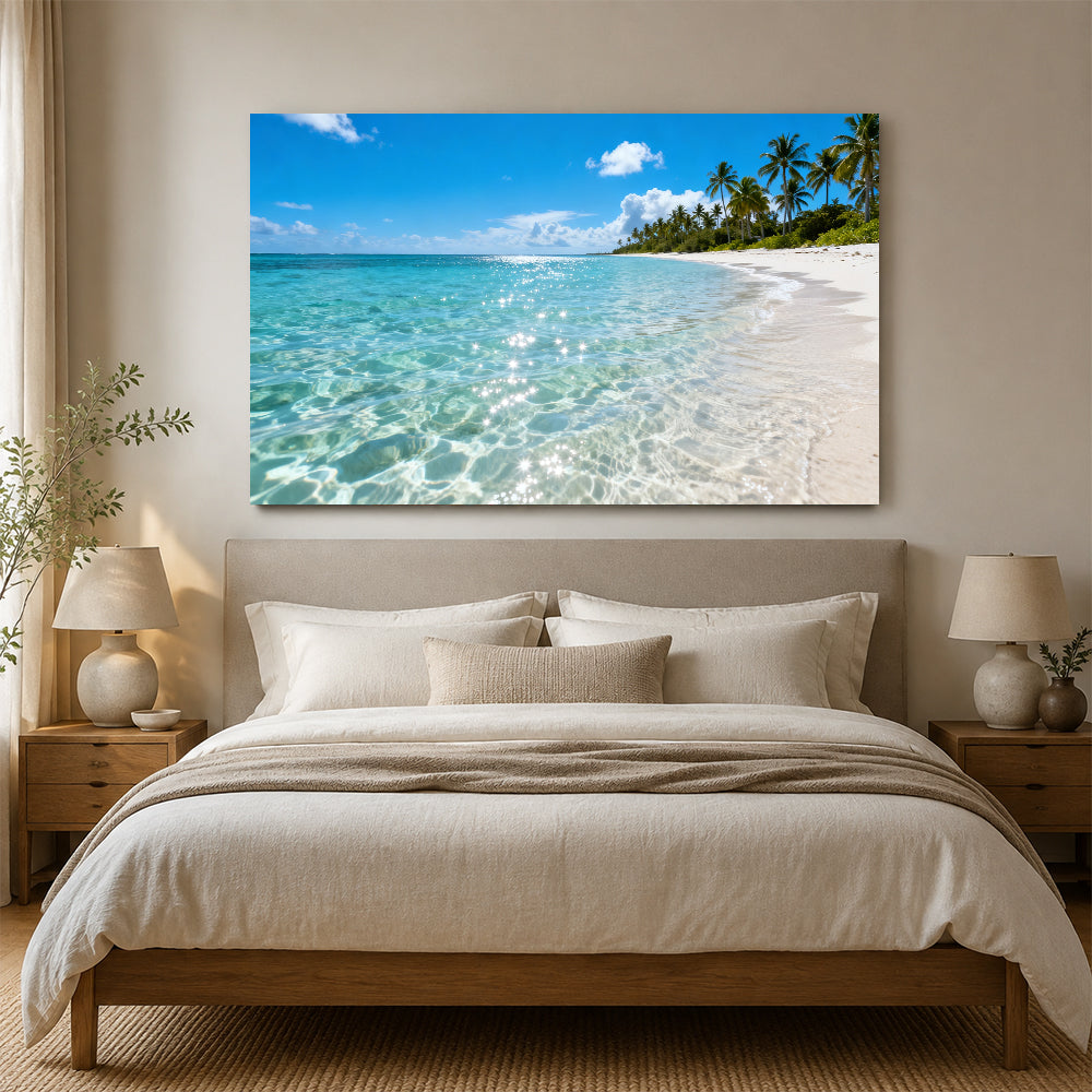 Crystal Water Coast canvas wall art, bedroom mockup above a bed.