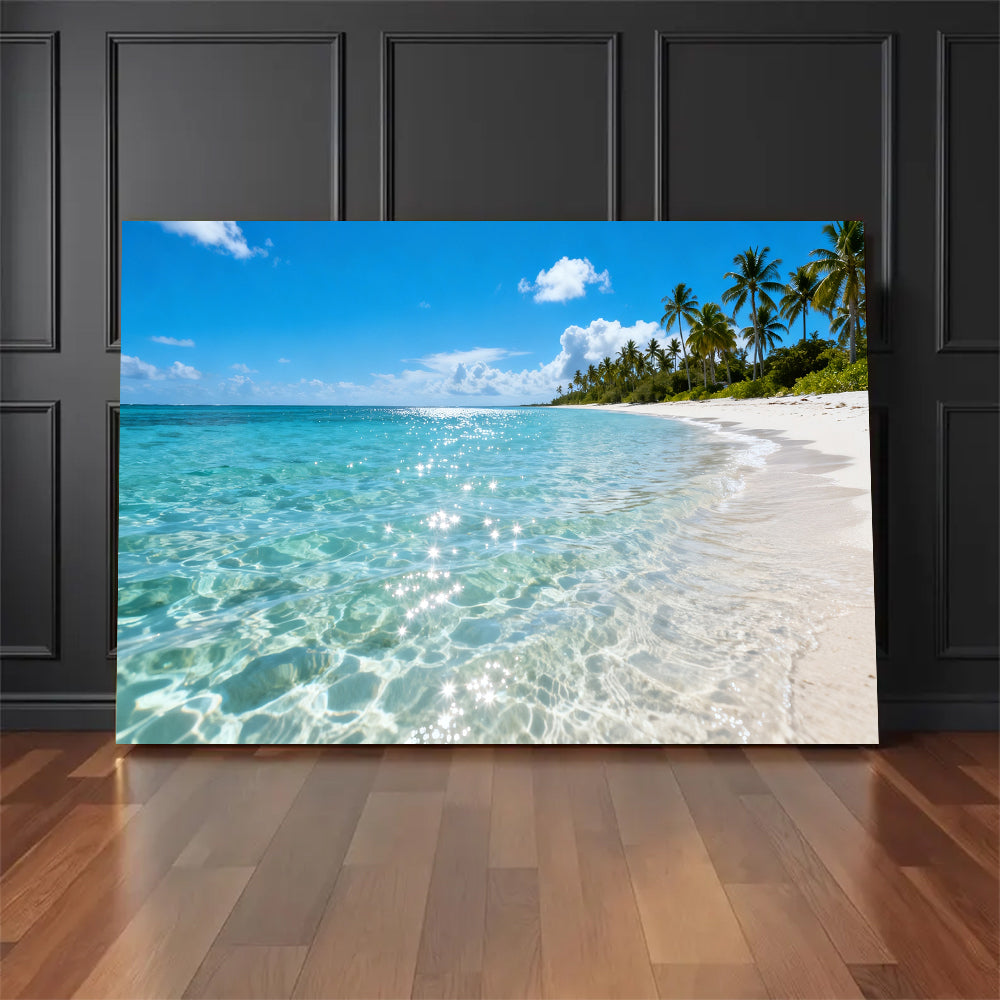 Crystal Water Coast canvas wall art, floor display against a dark wall.