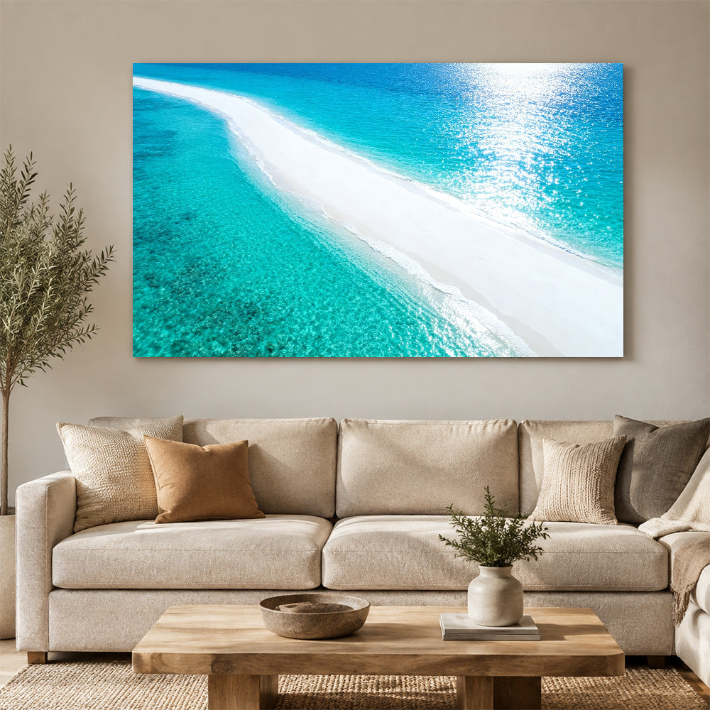 Luminous White Sandbar canvas wall art, living room mockup above a sofa.