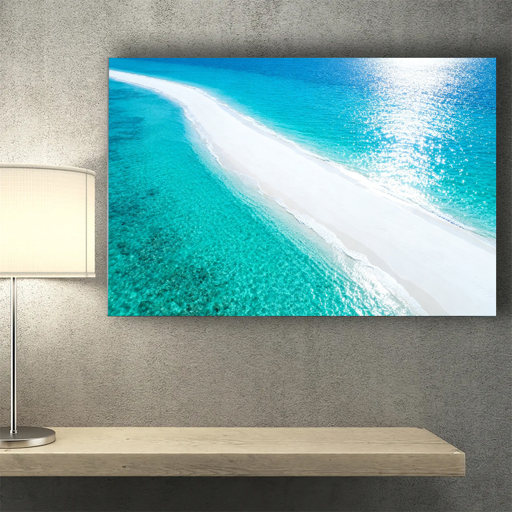 Luminous White Sandbar canvas wall art, wall mockup above a console.