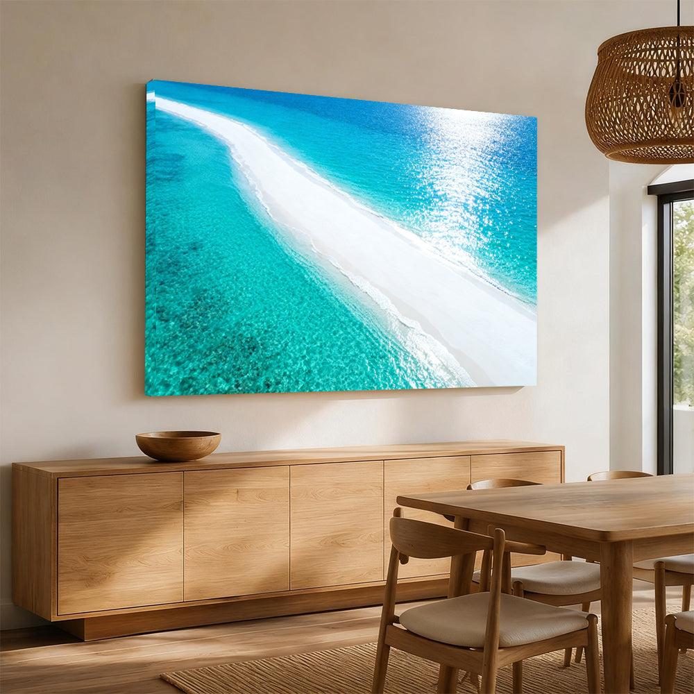 Luminous White Sandbar canvas wall art, angled mockup above a sideboard.