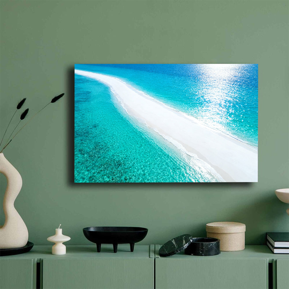 Luminous White Sandbar canvas wall art, mockup on a green wall.
