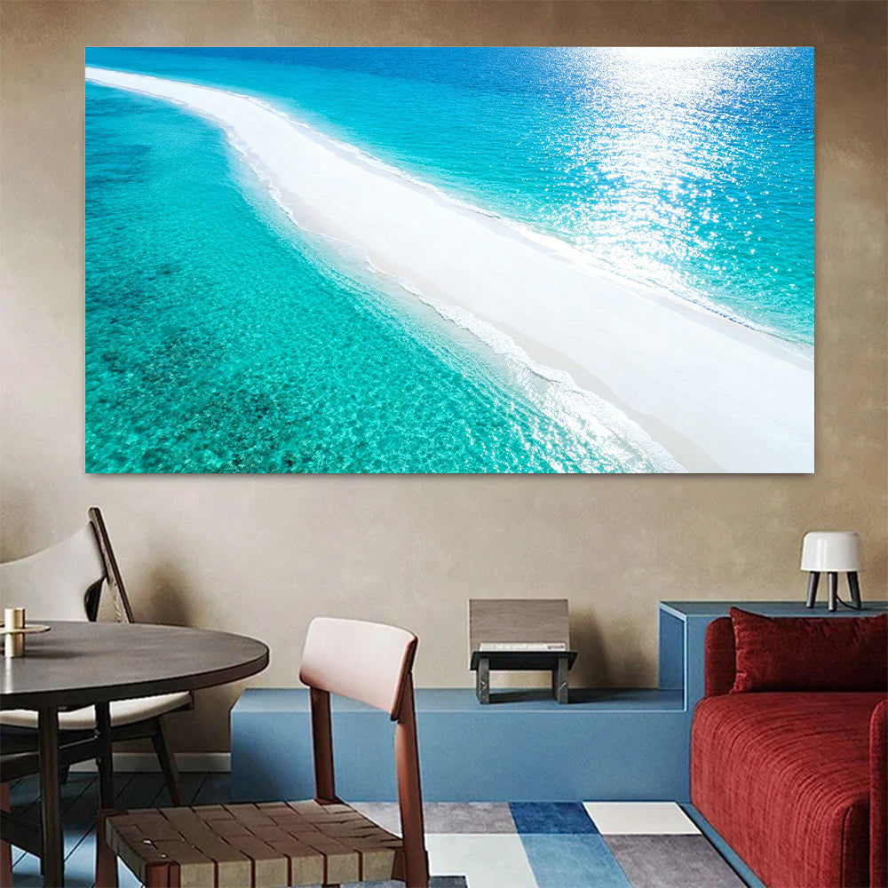Luminous White Sandbar canvas wall art, colorful room mockup.