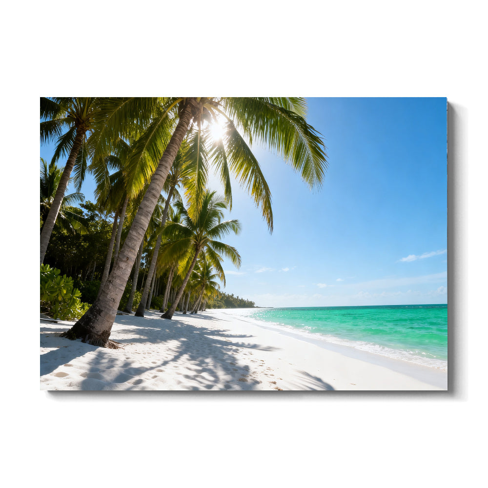 Sunlit Palm Grove Beach canvas wall art, front view on a white background.