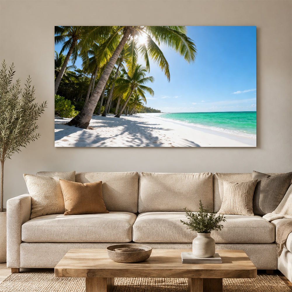 Sunlit Palm Grove Beach canvas wall art, living room mockup above a sofa.