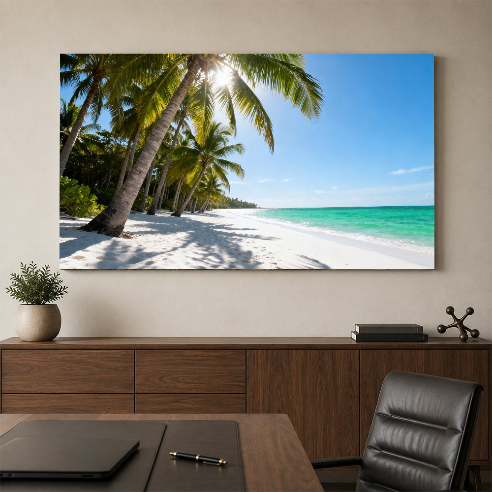 Sunlit Palm Grove Beach canvas wall art, office mockup above a desk.