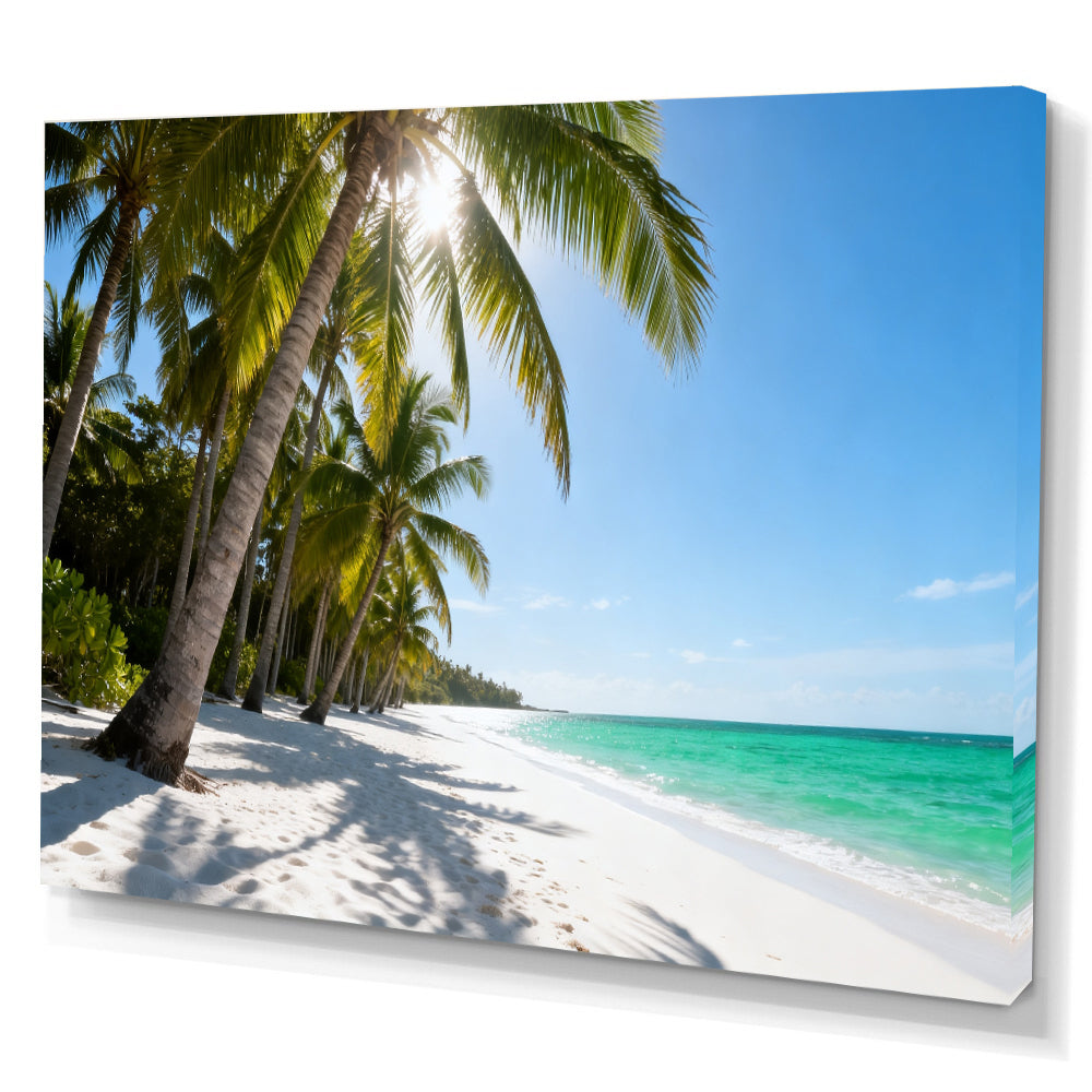 Sunlit Palm Grove Beach canvas wall art, angled canvas mockup on a white background.