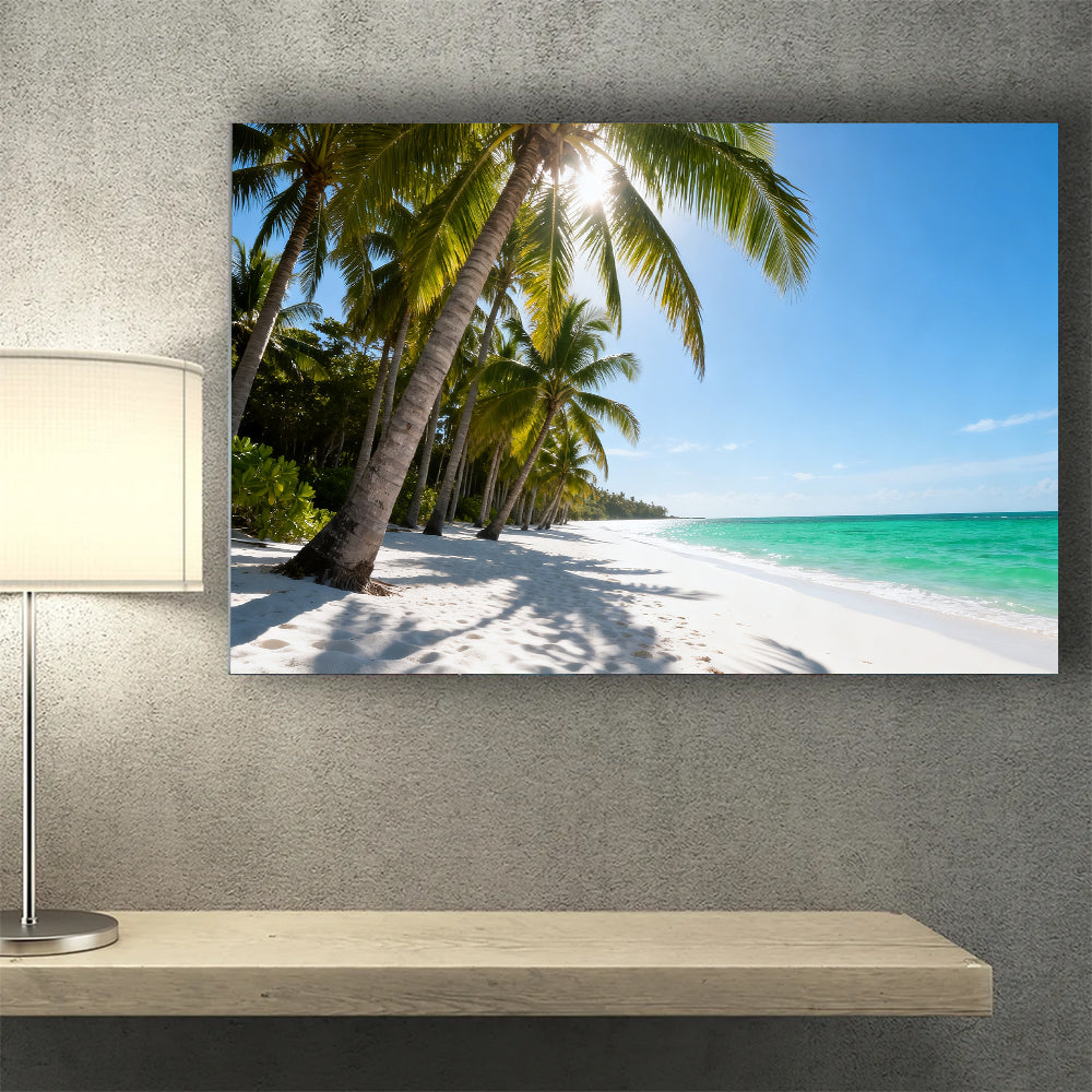 Sunlit Palm Grove Beach canvas wall art, wall mockup above a console.