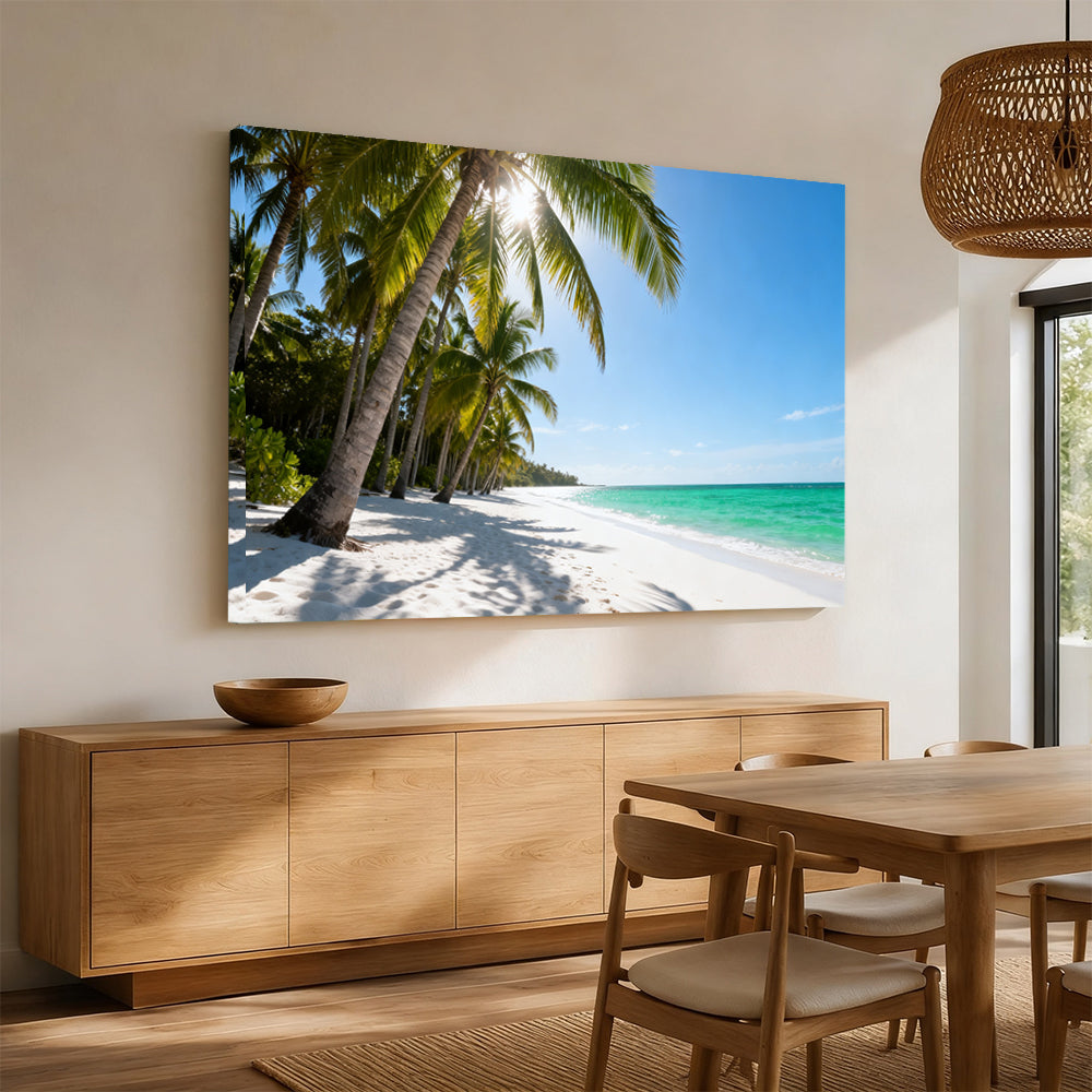 Sunlit Palm Grove Beach canvas wall art, angled mockup above a sideboard.
