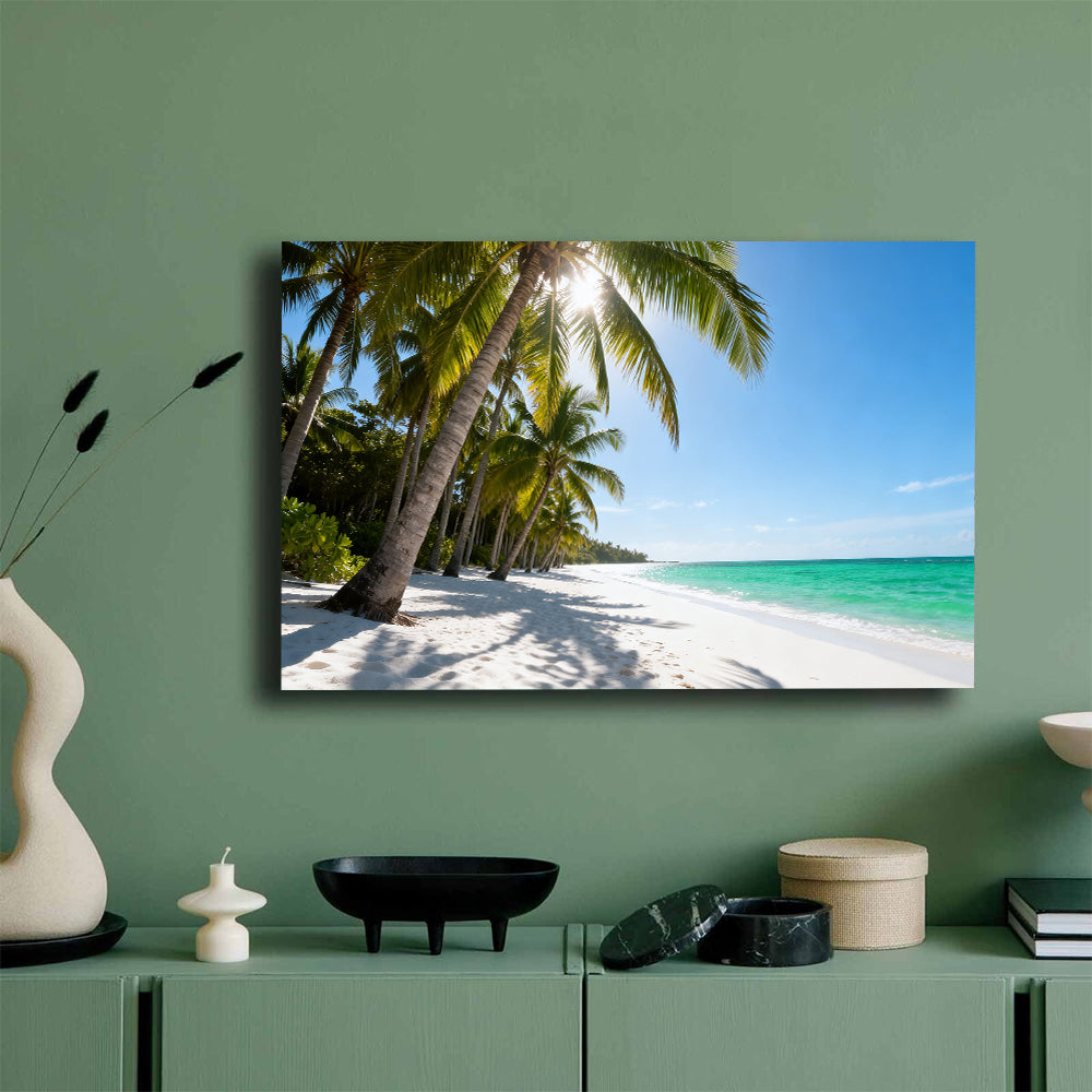 Sunlit Palm Grove Beach canvas wall art, mockup on a green wall.