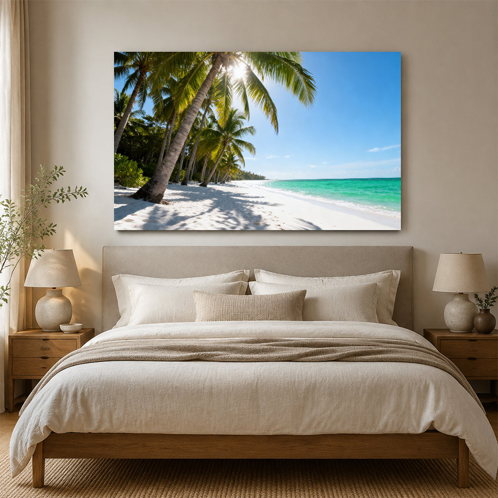 Sunlit Palm Grove Beach canvas wall art, bedroom mockup above a bed.
