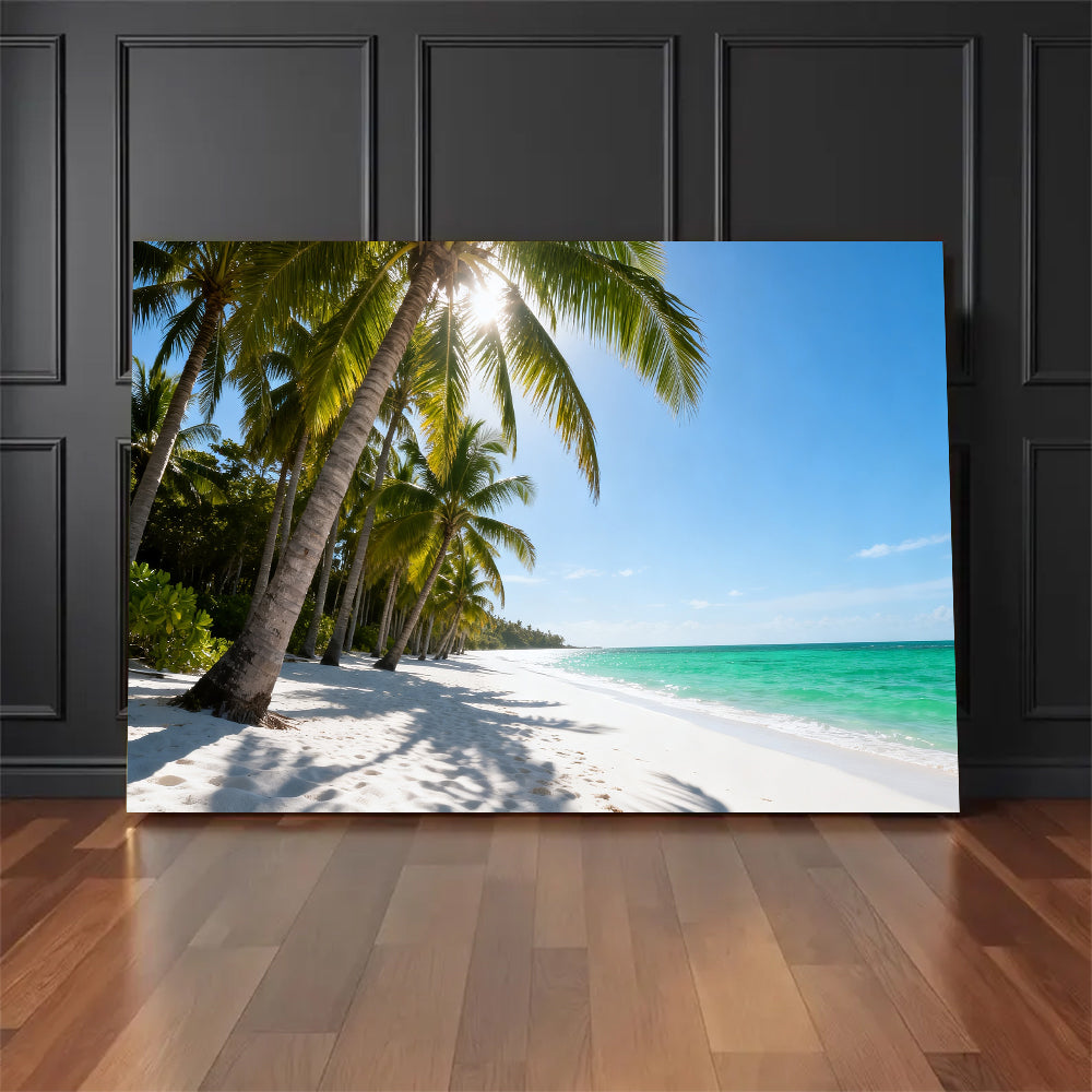 Sunlit Palm Grove Beach canvas wall art, floor display against a dark wall.