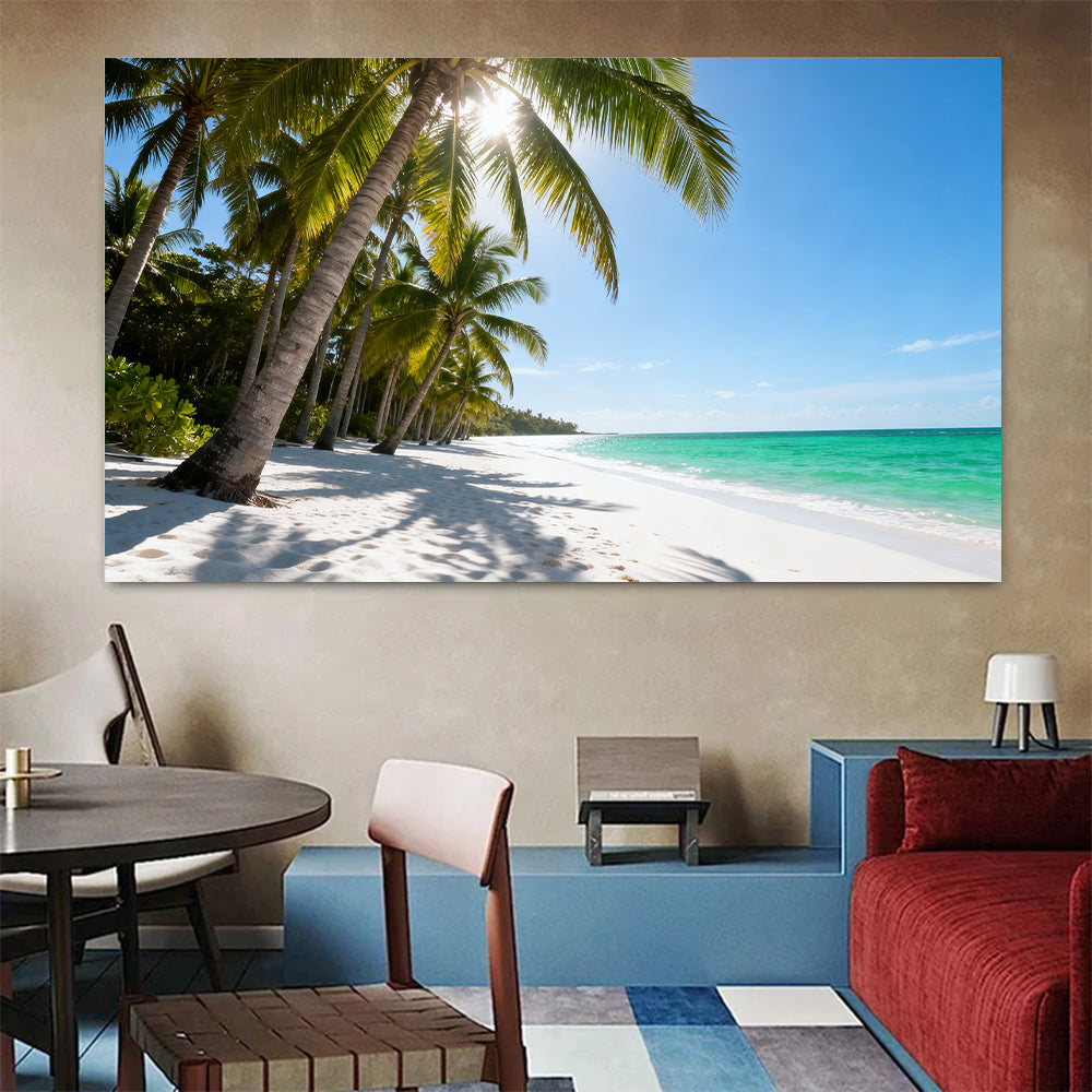 Sunlit Palm Grove Beach canvas wall art, colorful room mockup.