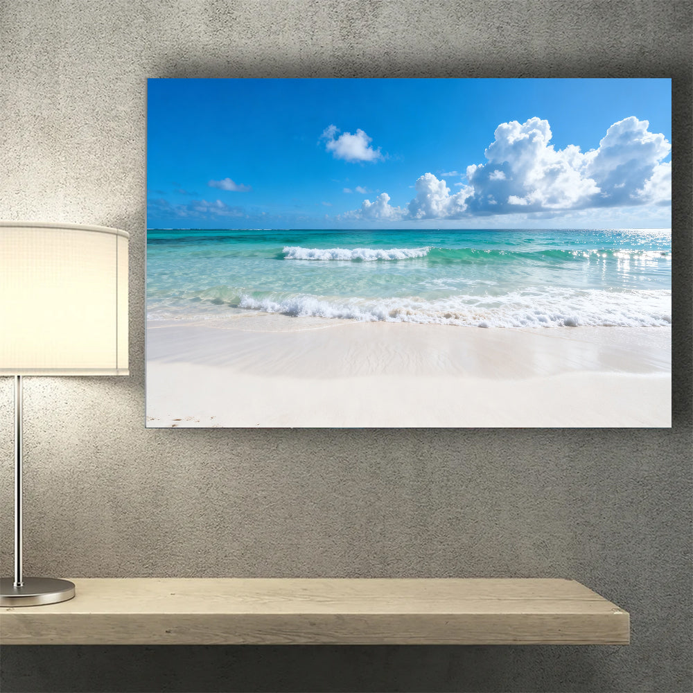 Summer Cloud Shoreline canvas wall art, wall mockup above a console.