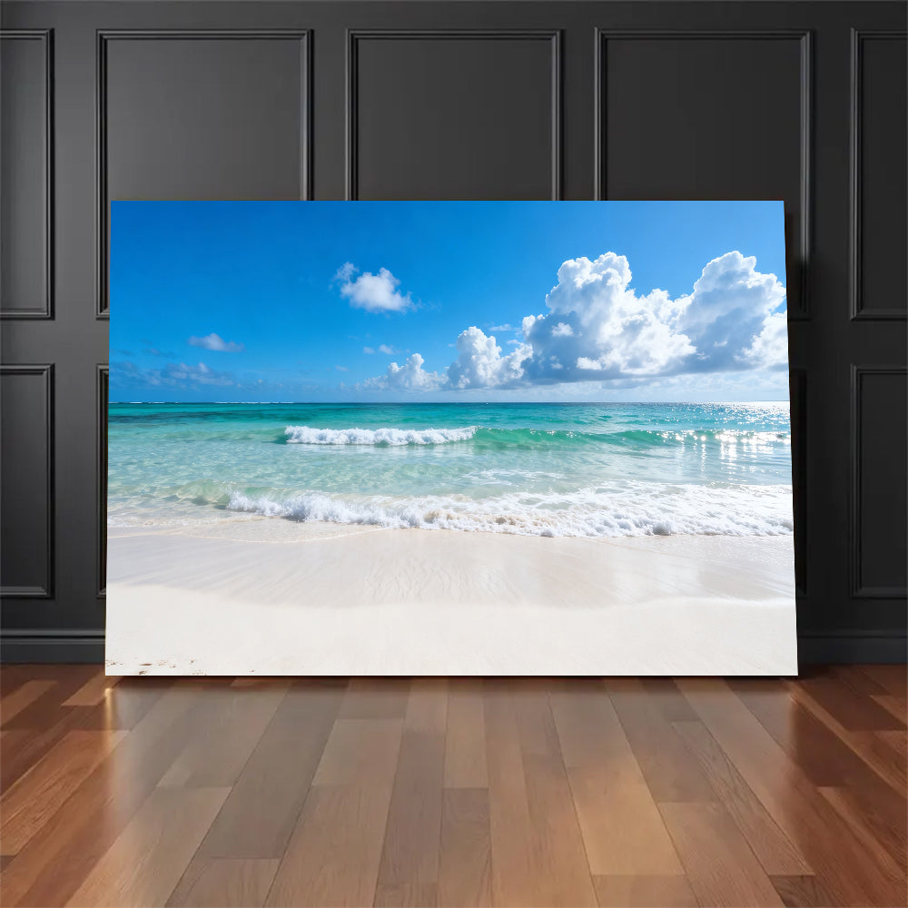 Summer Cloud Shoreline canvas wall art, floor display against a dark wall.