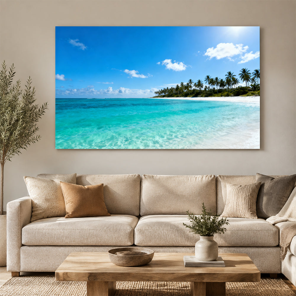 Clear Lagoon Horizon canvas wall art, living room mockup above a sofa.