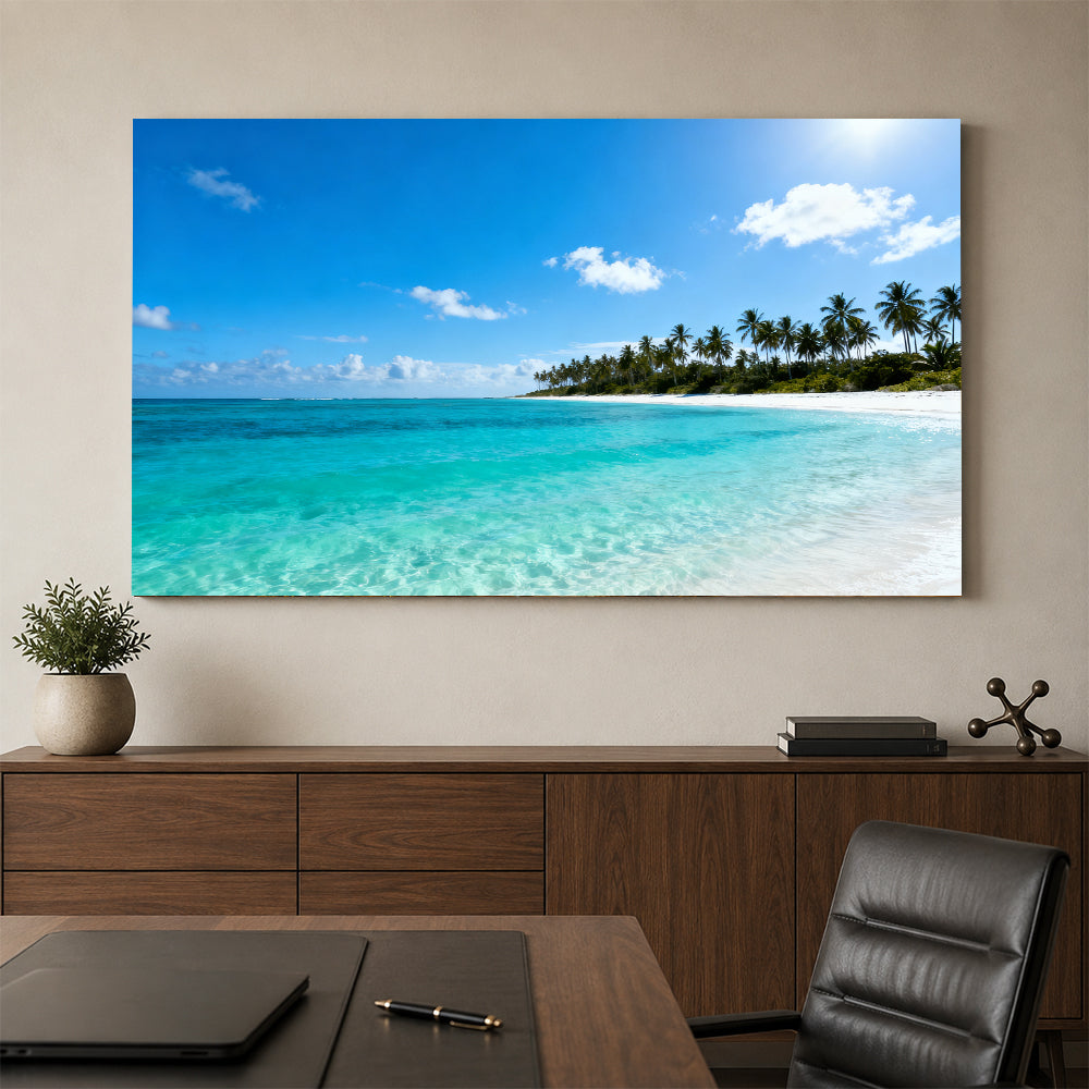 Clear Lagoon Horizon canvas wall art, office mockup above a desk.
