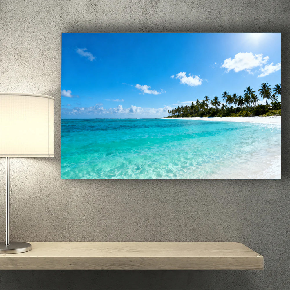 Clear Lagoon Horizon canvas wall art, wall mockup above a console.