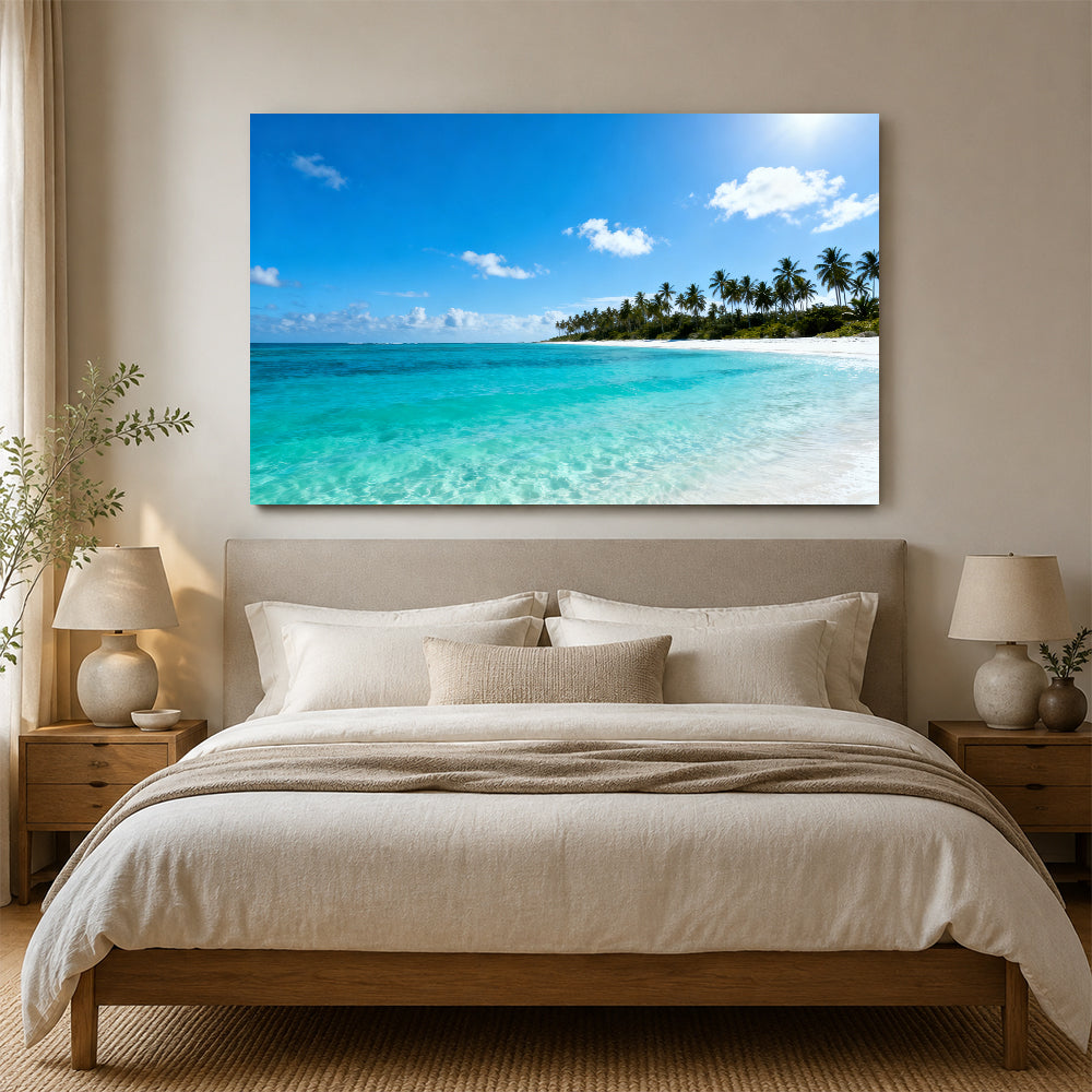 Clear Lagoon Horizon canvas wall art, bedroom mockup above a bed.