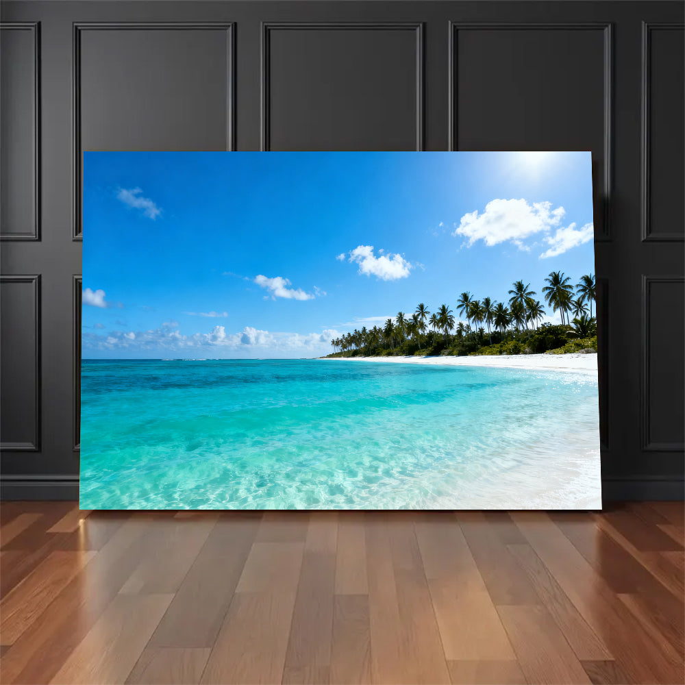 Clear Lagoon Horizon canvas wall art, floor display against a dark wall.