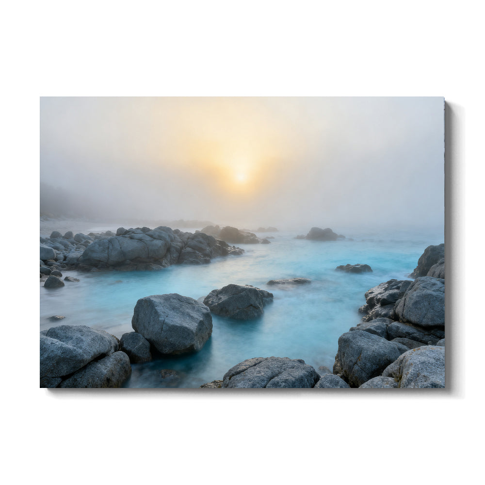 Misty Rocky Shore canvas wall art, front view on a white background.