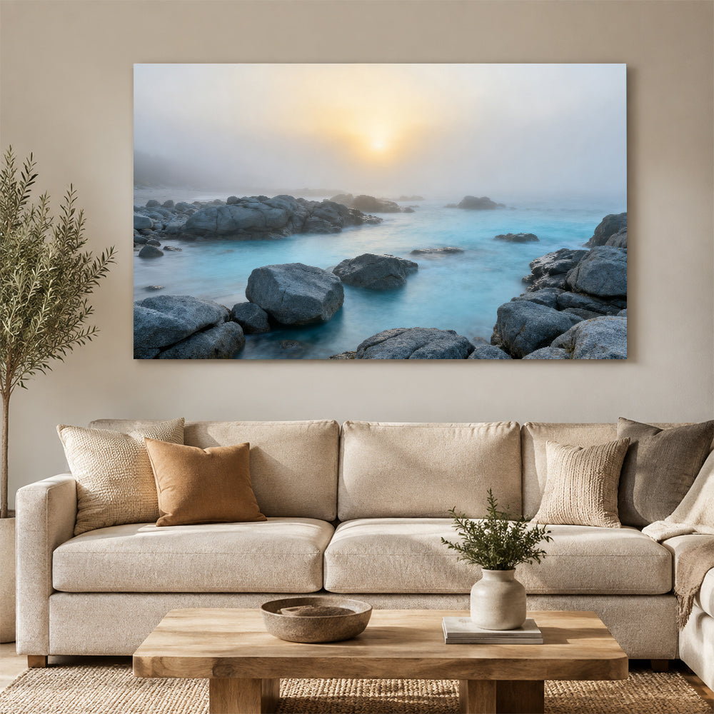 Misty Rocky Shore canvas wall art, living room mockup above a sofa.